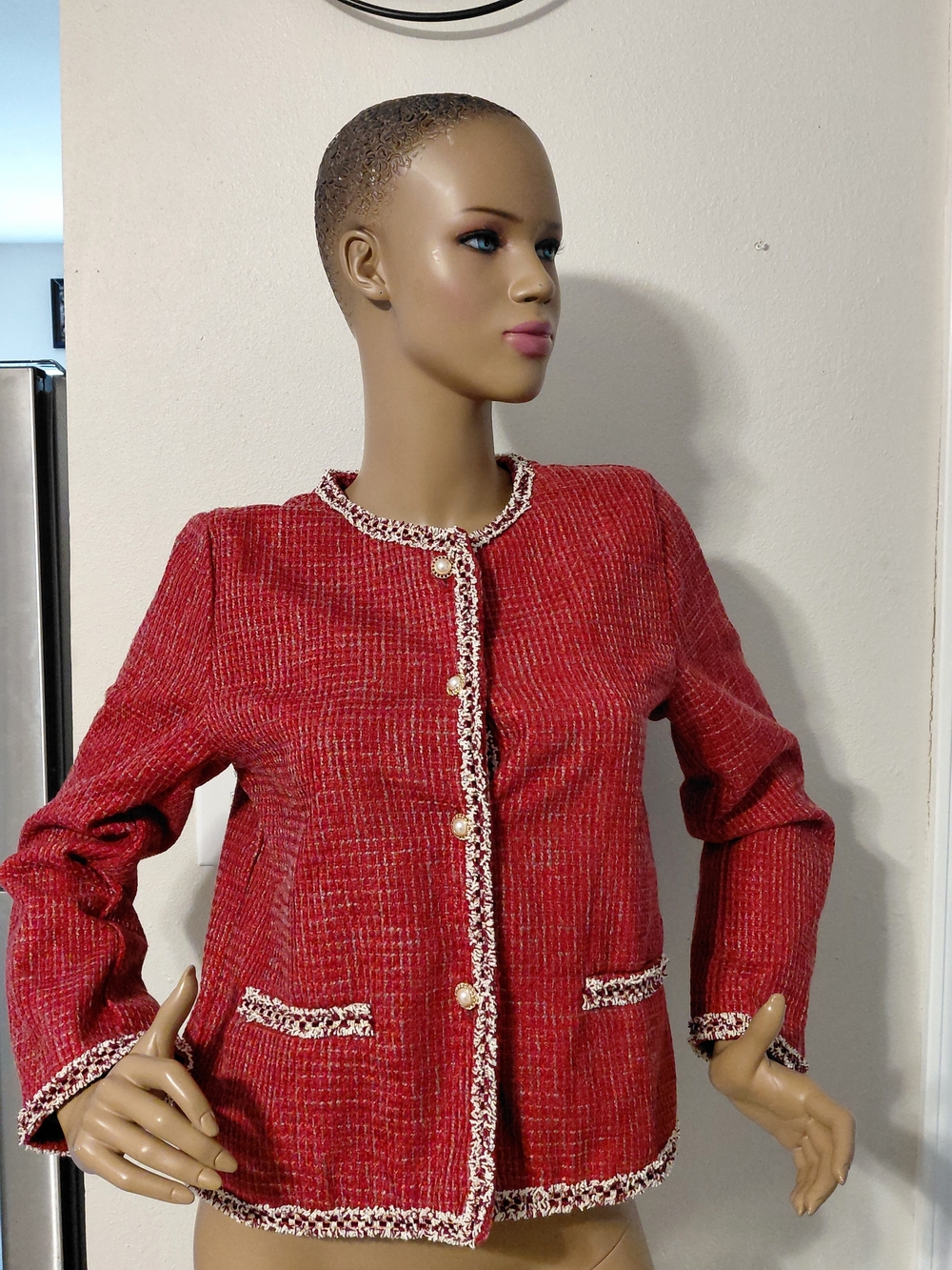 Women’s Red Tweed Button-Front Jacket